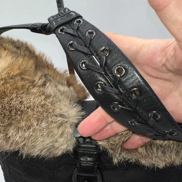 Coach Vintage Black Quilted Fur Trimmed Shoulder Bag Hobo Purse - Picture 8 of 16